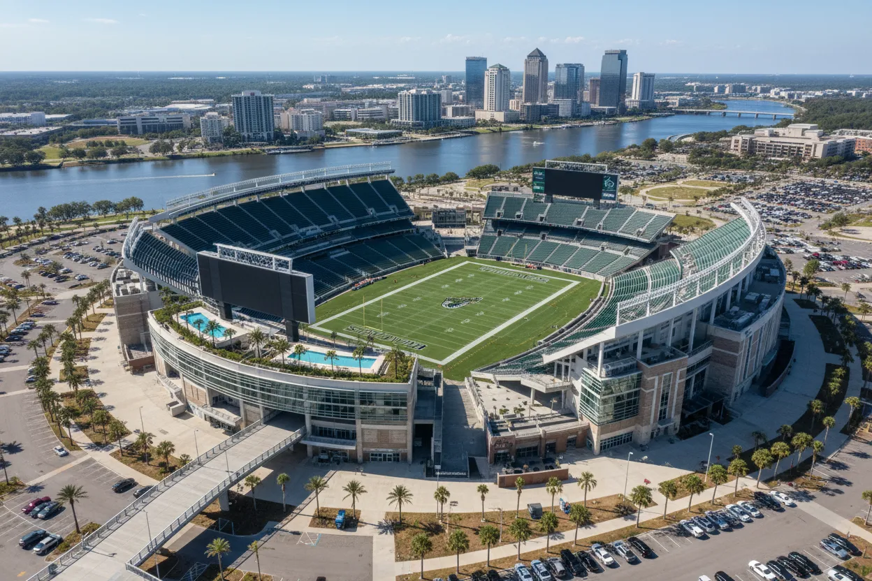 A massive stadium in Jacksonville hosting excited fans with mobility support.