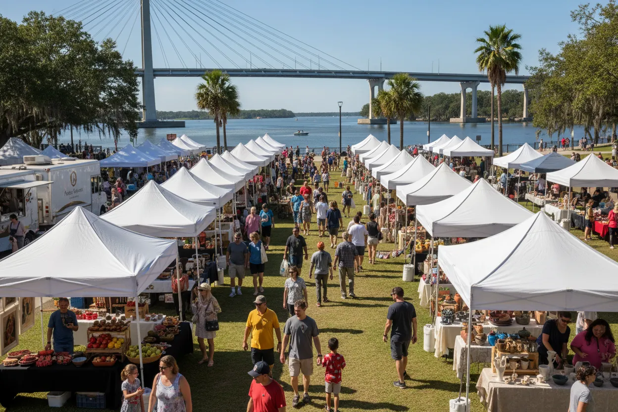 Vibrant local market in Jacksonville bustling with visitors and rented strollers.