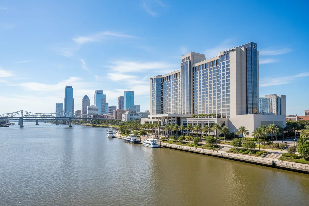 Large riverfront hotel in Jacksonville prepared for mobility scooter delivery.