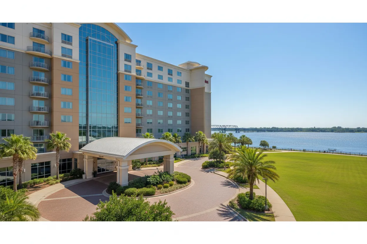 Comfortable hotel suite in Jacksonville with seamless access to essential gear.