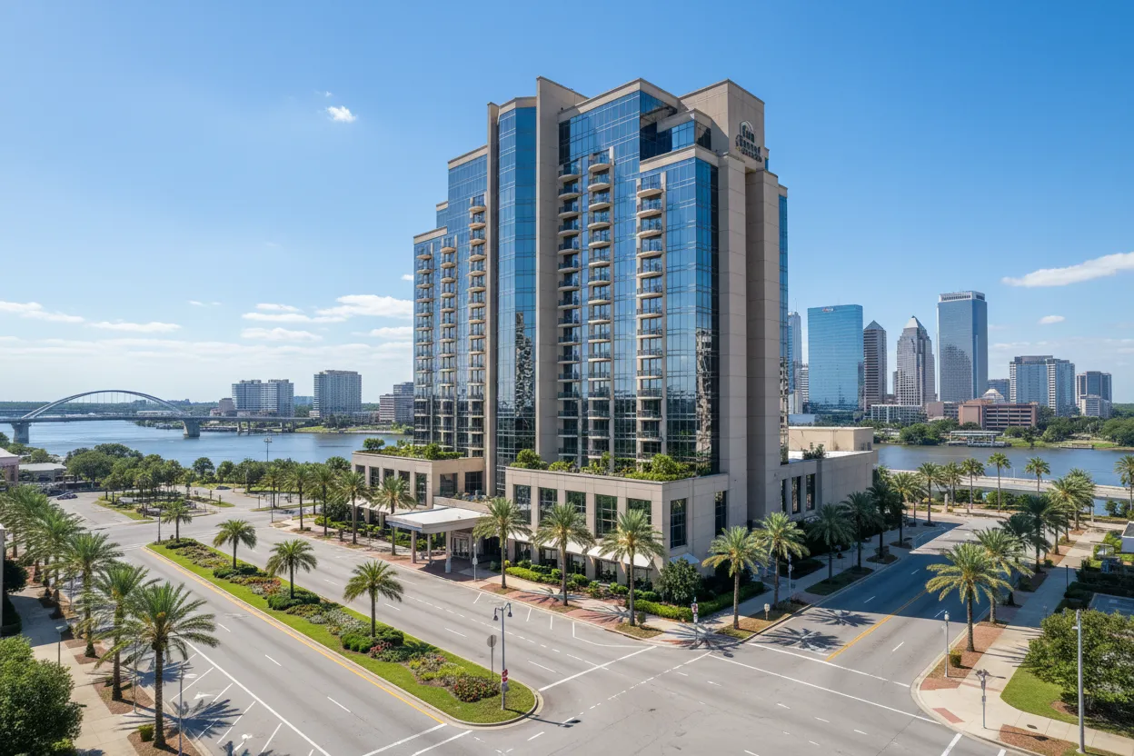 Luxury hotel lobby in Jacksonville showing convenient rental accessibility.