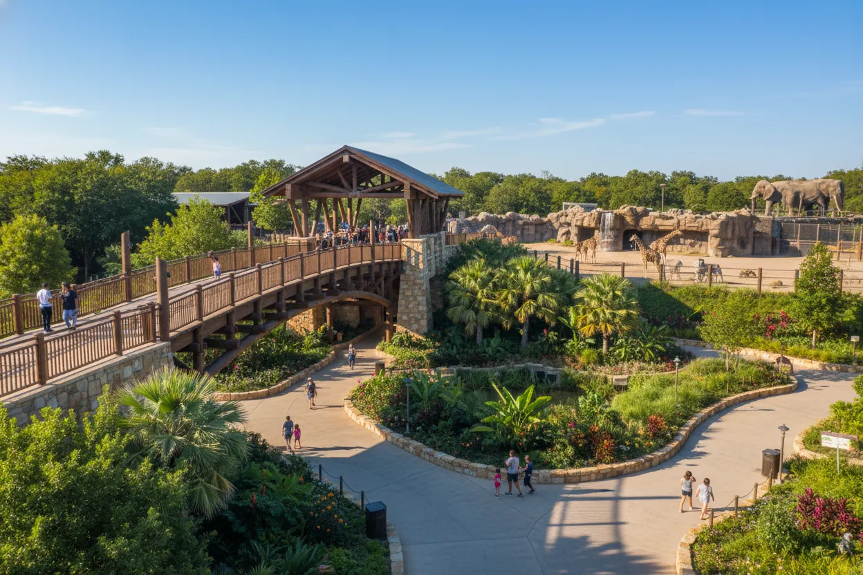 Large zoo entrance showing families with Cloud of Goods rentals delivered in Dallas.