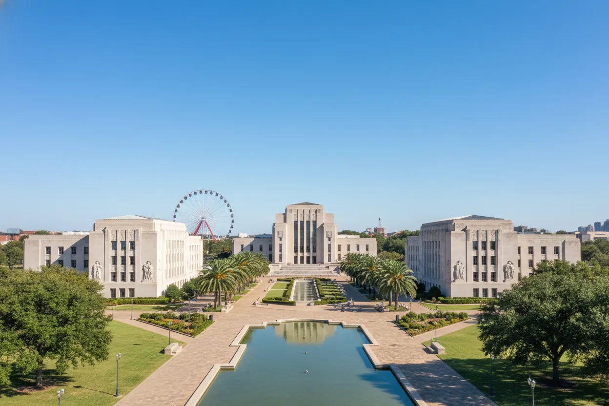 Expansive park grounds with Art Deco buildings and Cloud of Goods rentals delivered in Dallas.