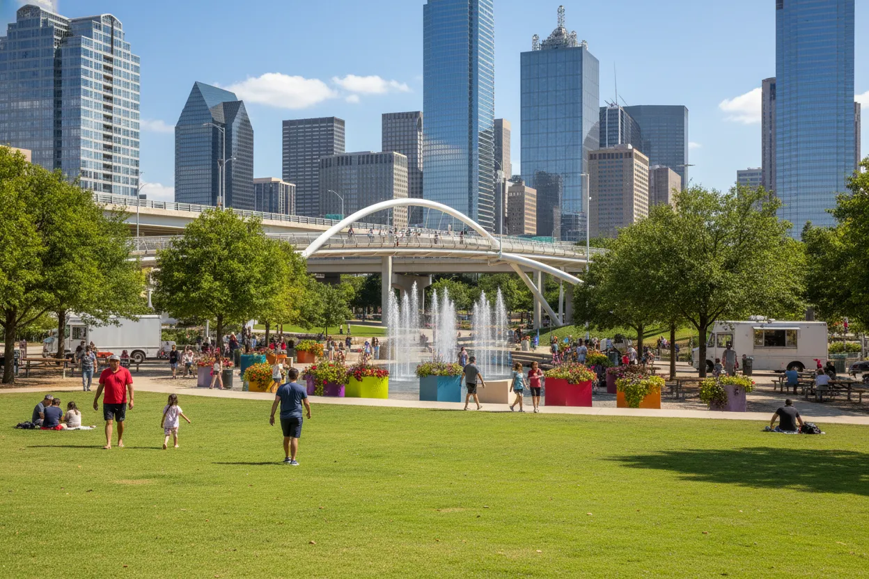 Lively urban park featuring food trucks and Cloud of Goods rentals delivered in Dallas.