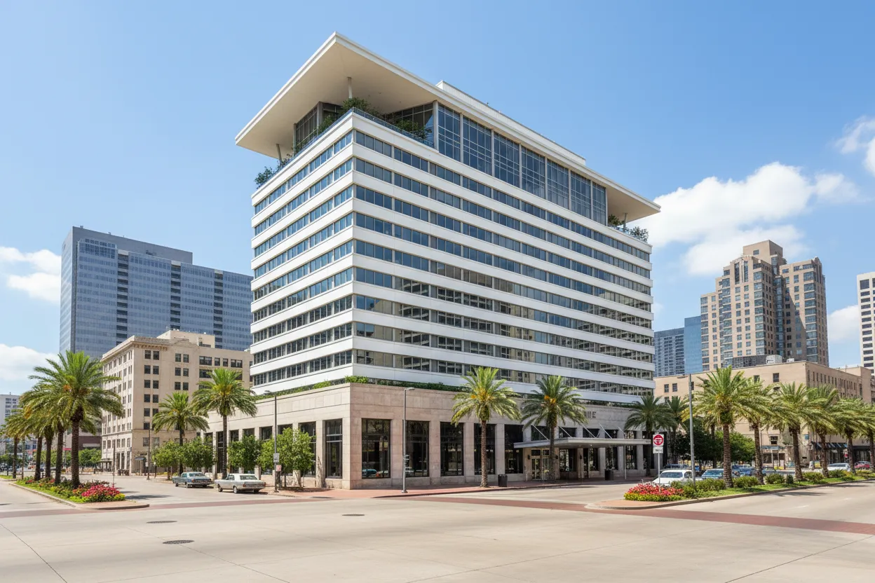 Retro hotel exterior complemented by convenient Cloud of Goods rentals delivered in Dallas.