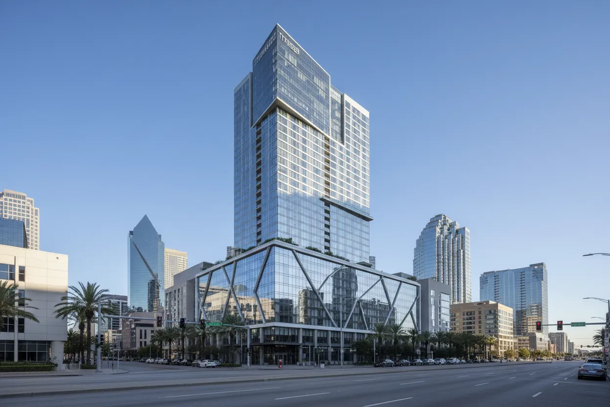 Luxury high-rise hotel lobby with easy access to Cloud of Goods rentals delivered in Dallas.