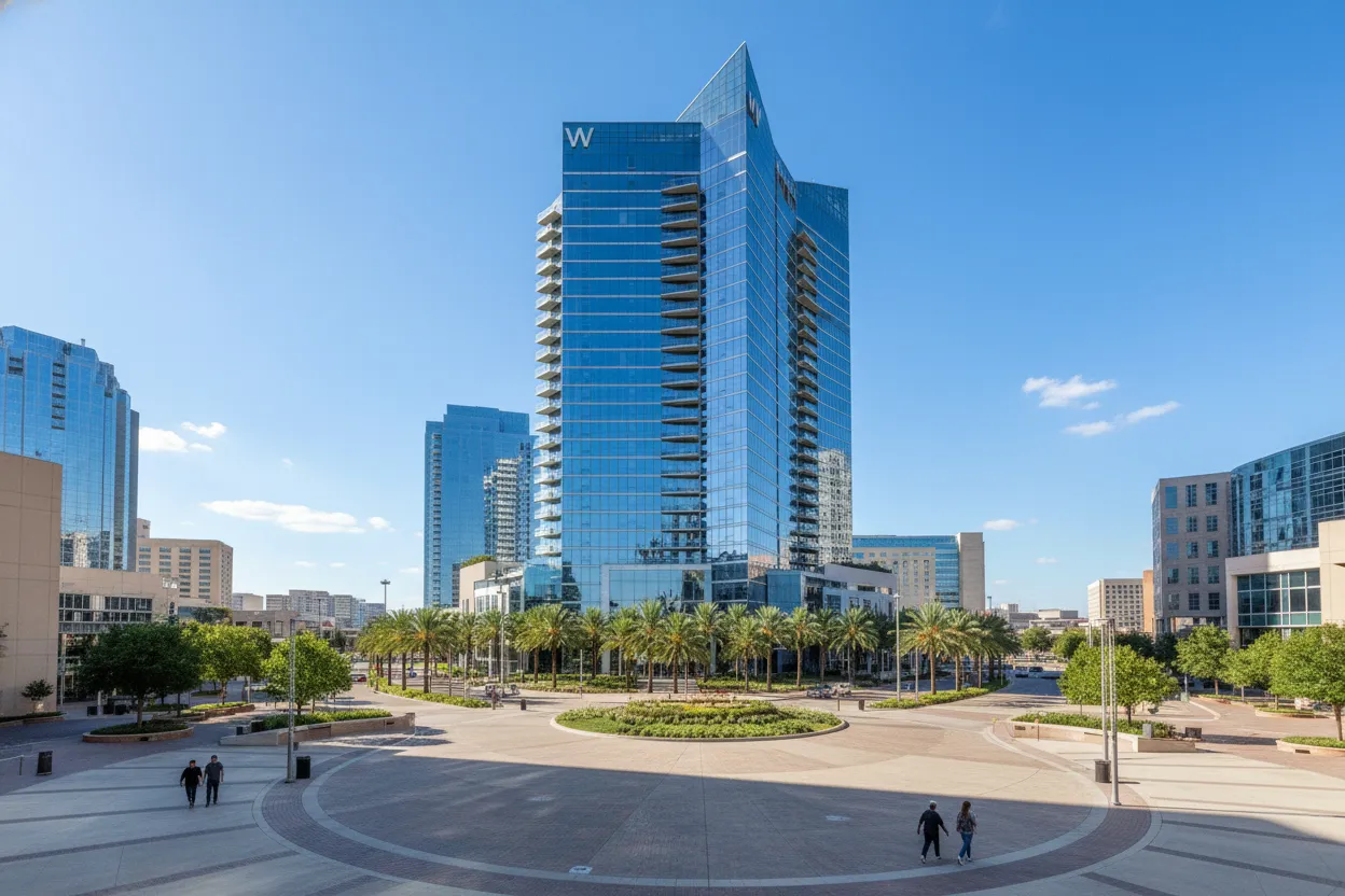 Modern hotel facade featuring seamless Cloud of Goods rentals delivered in Dallas.