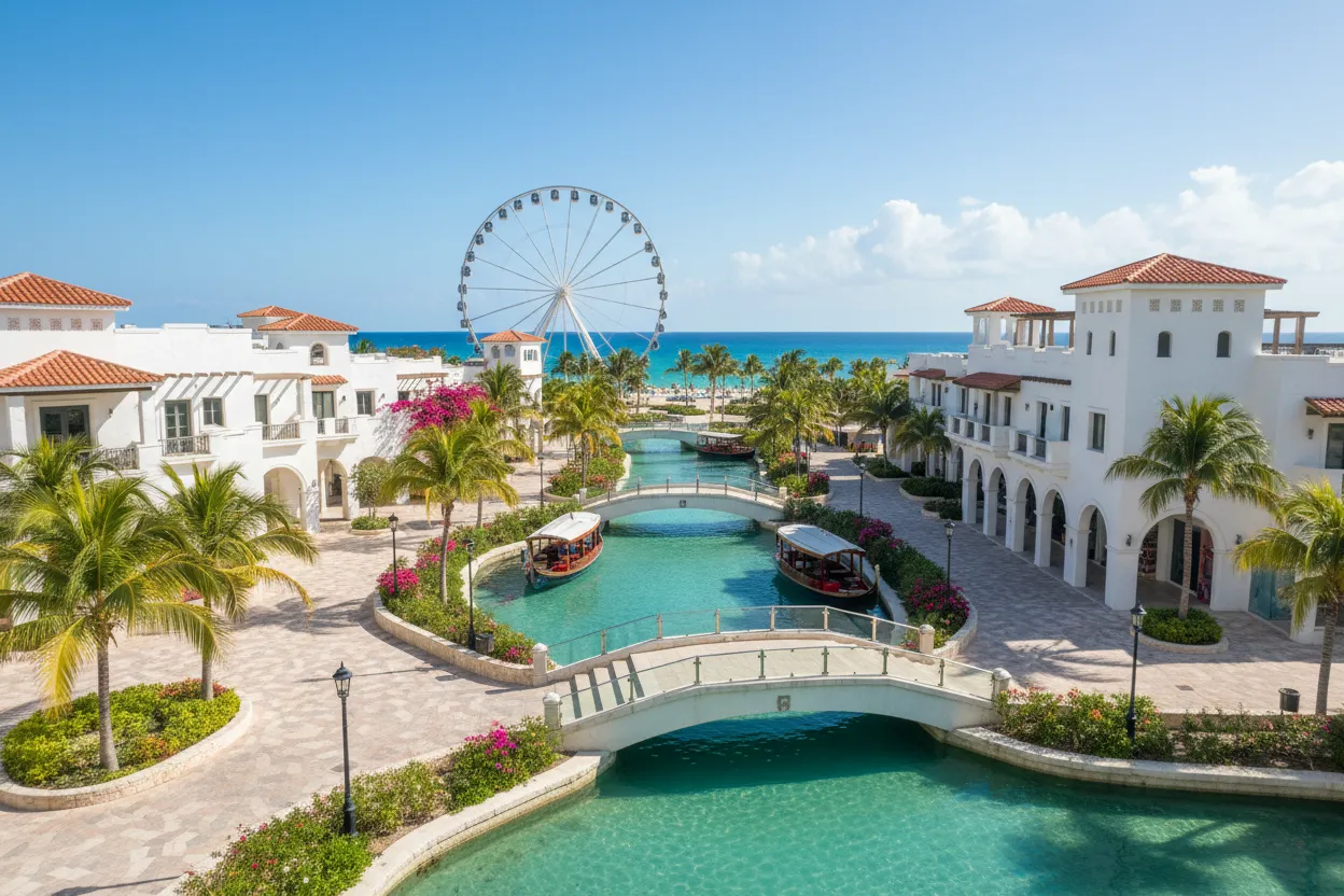 Open-air walkways at La Isla Shopping Village accessible with Cloud of Goods rentals.