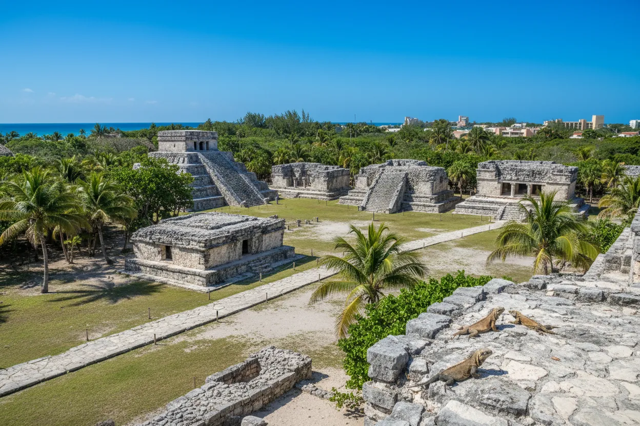 Ancient Mayan structures at El Rey Ruins explored with Cloud of Goods rentals.
