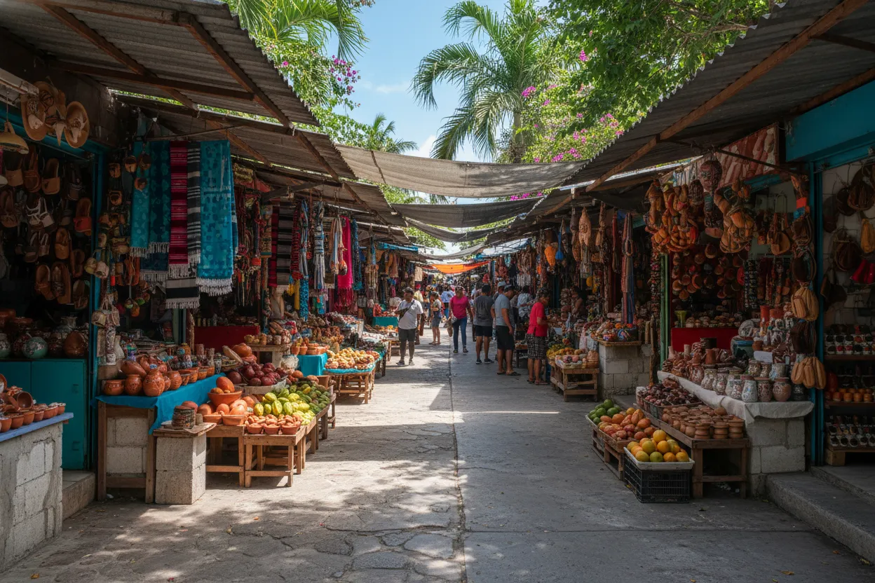 Colorful stalls at Mercado 28 navigated with convenient Cloud of Goods rentals.