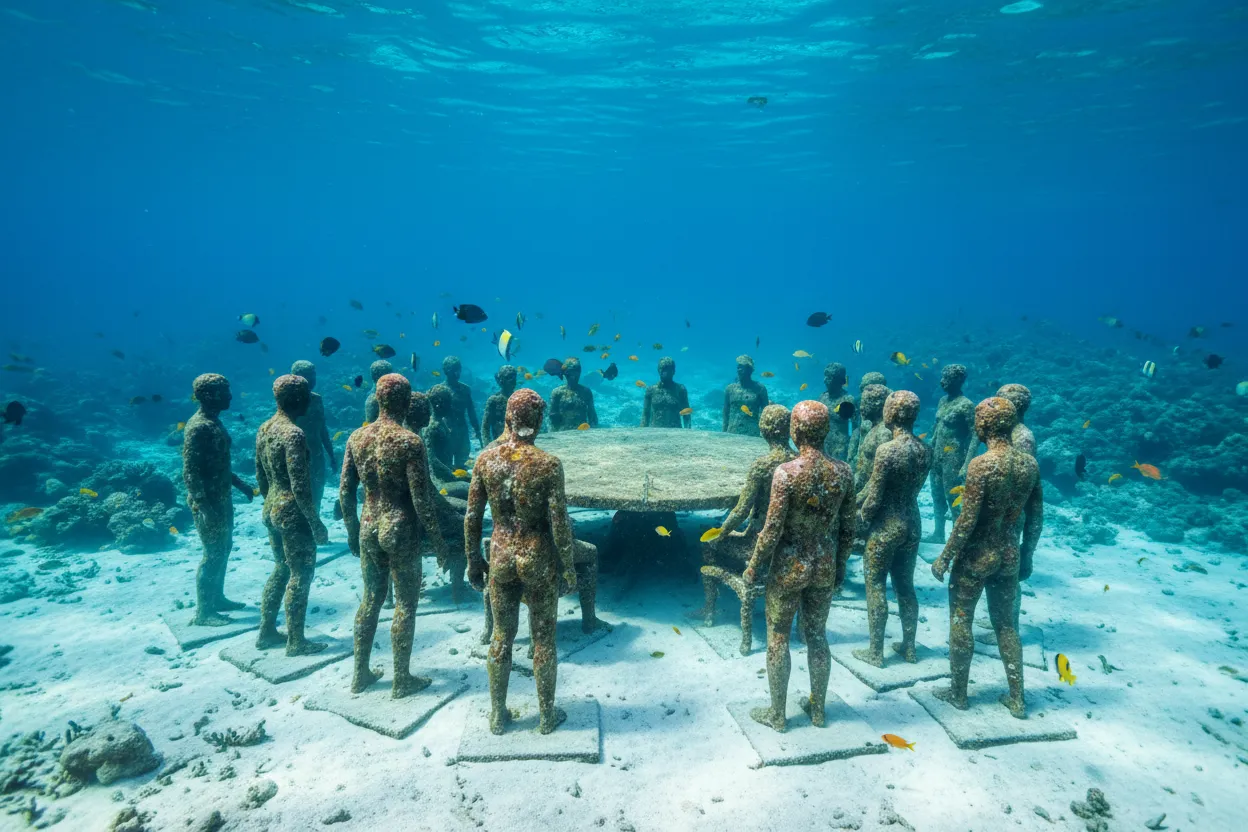 Fascinating underwater sculptures at MUSA, supported by Cloud of Goods rentals on land.