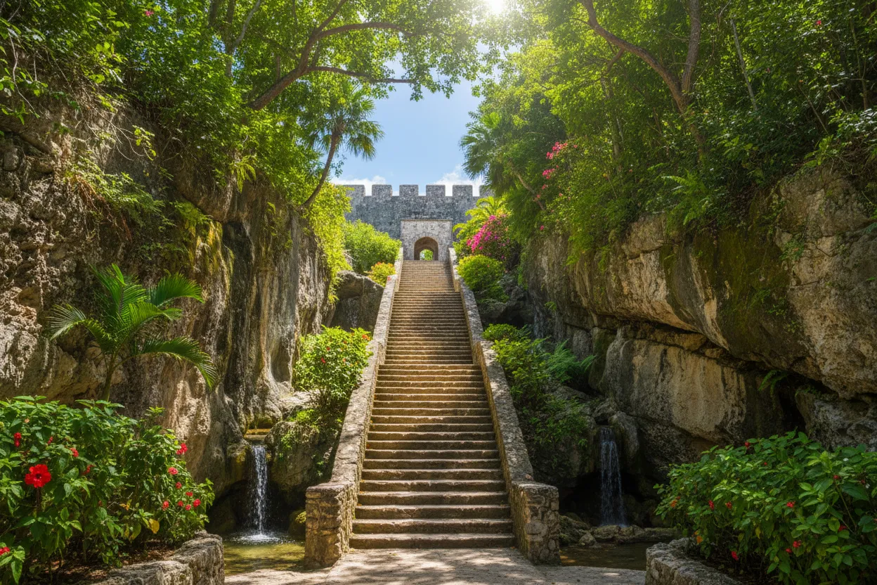 Historic limestone steps and foliage highlighting Cloud of Goods in Nassau.