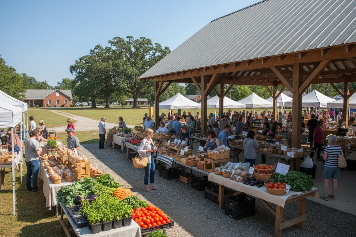 Busy vendor stalls at the Athens Farmers Market with Cloud of Goods rentals in Athens.
