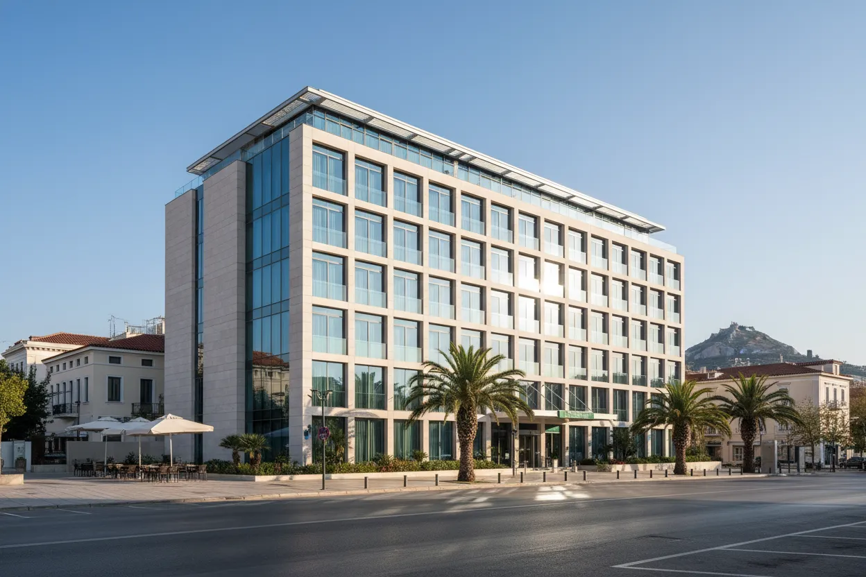 The Hilton Garden Inn building with Cloud of Goods rentals delivered in Athens.