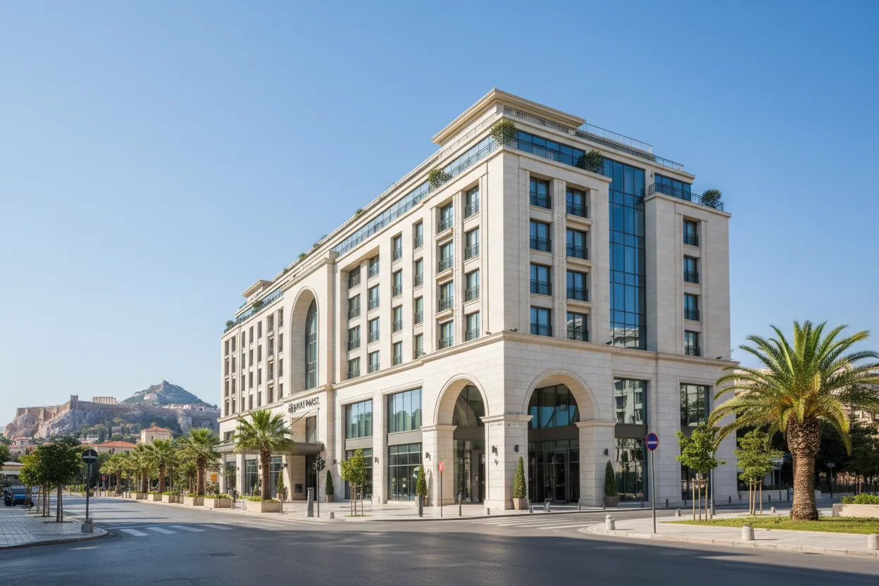 The modern entrance to Hyatt Place with Cloud of Goods rentals delivered in Athens.