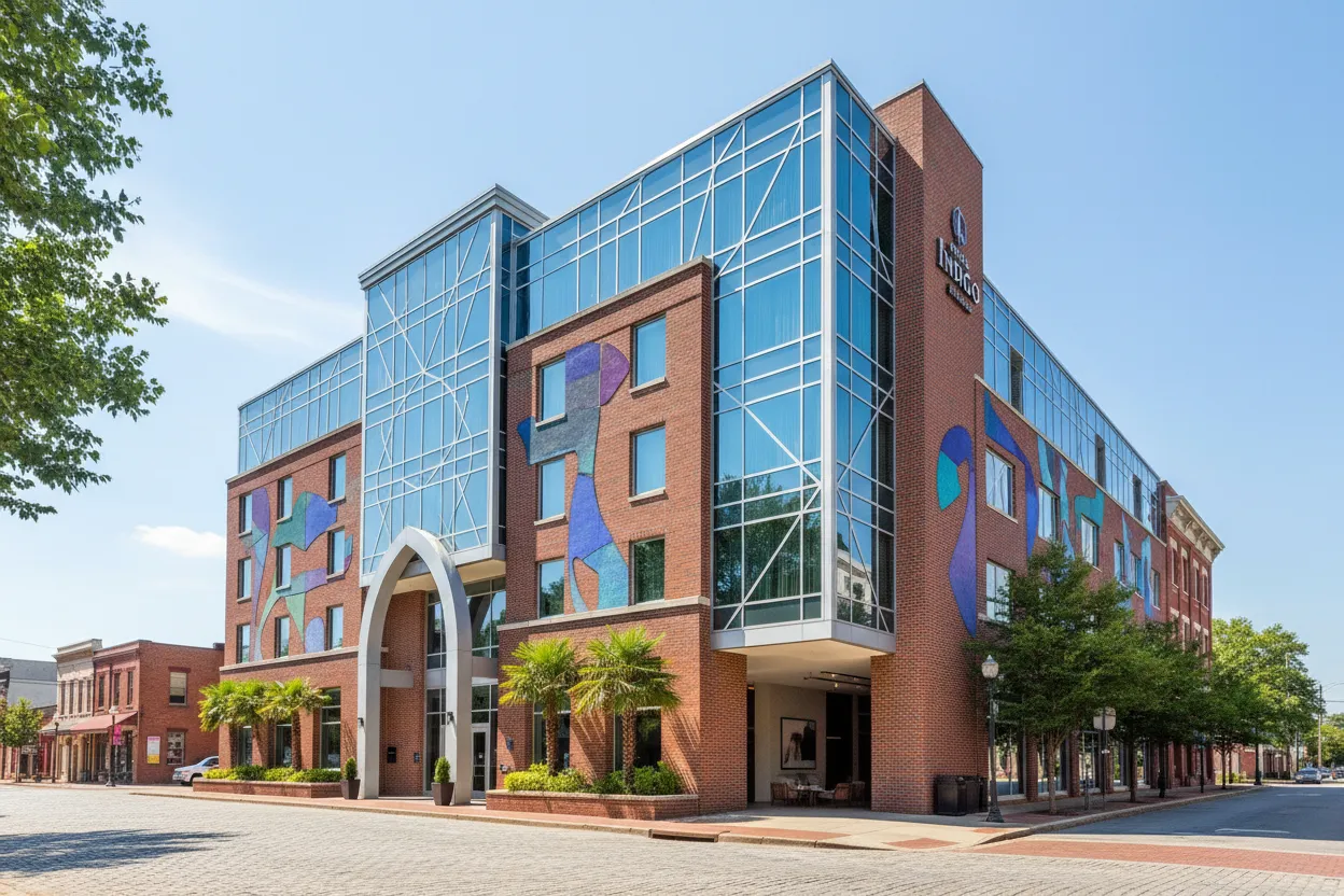 The eco-chic exterior of Hotel Indigo with Cloud of Goods rentals delivered in Athens.