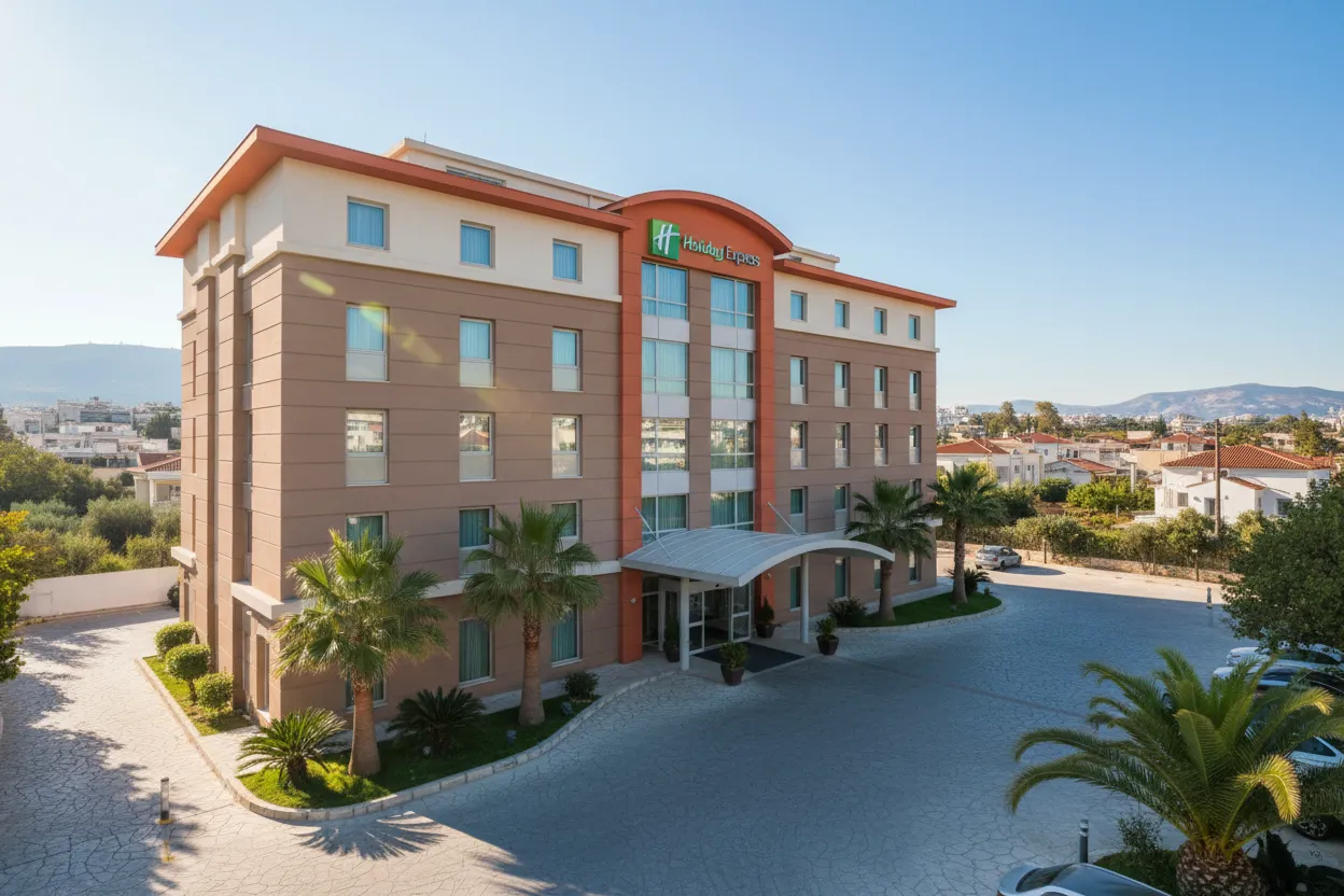 The entrance to Holiday Inn Express with Cloud of Goods rentals delivered in Athens.
