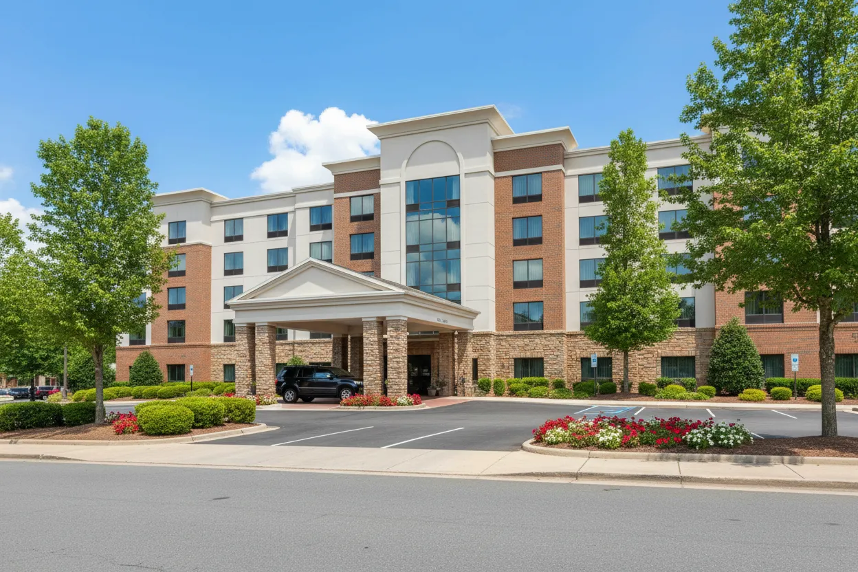 The welcoming lobby of Hampton Inn with Cloud of Goods rentals delivered in Athens.