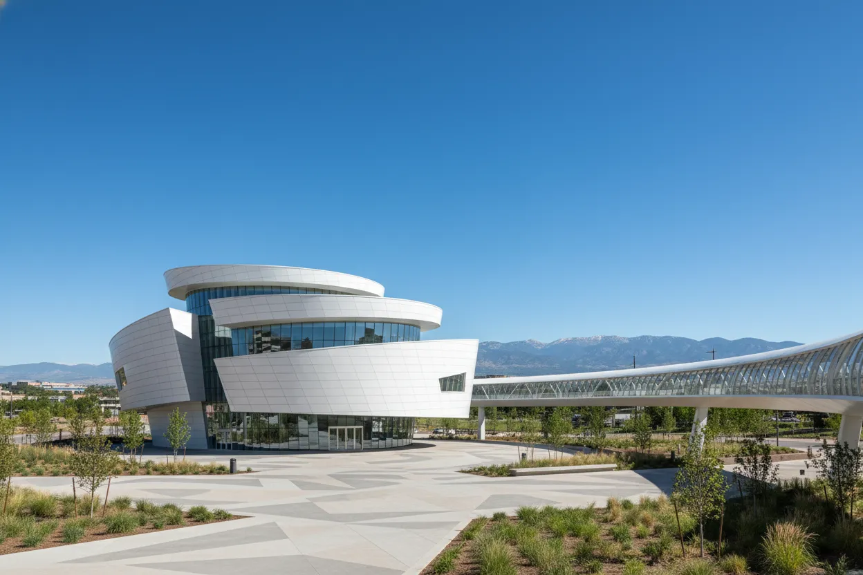 Modern architecture of the Olympic Museum enhanced by Cloud of Goods in Colorado Springs.