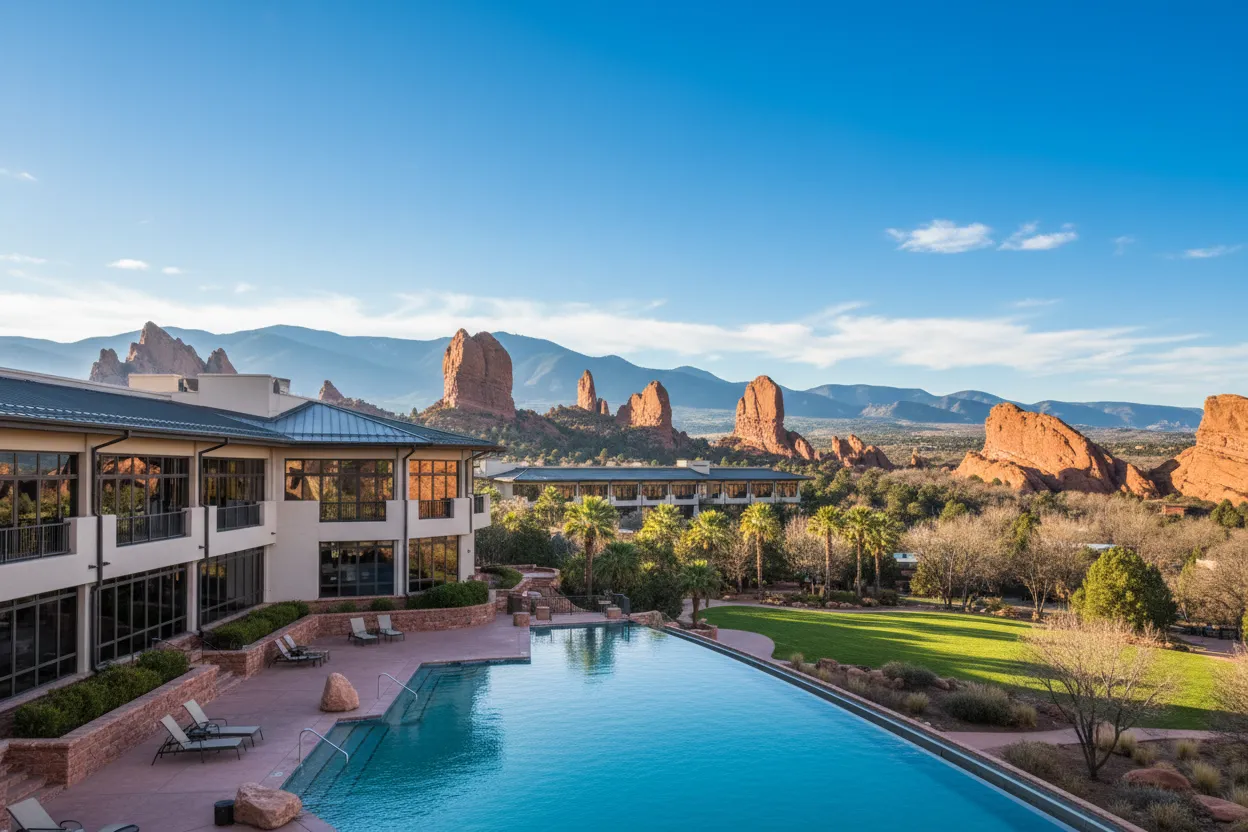 Infinity pool overlooking red rocks at Garden of the Gods Resort with Cloud of Goods delivery.