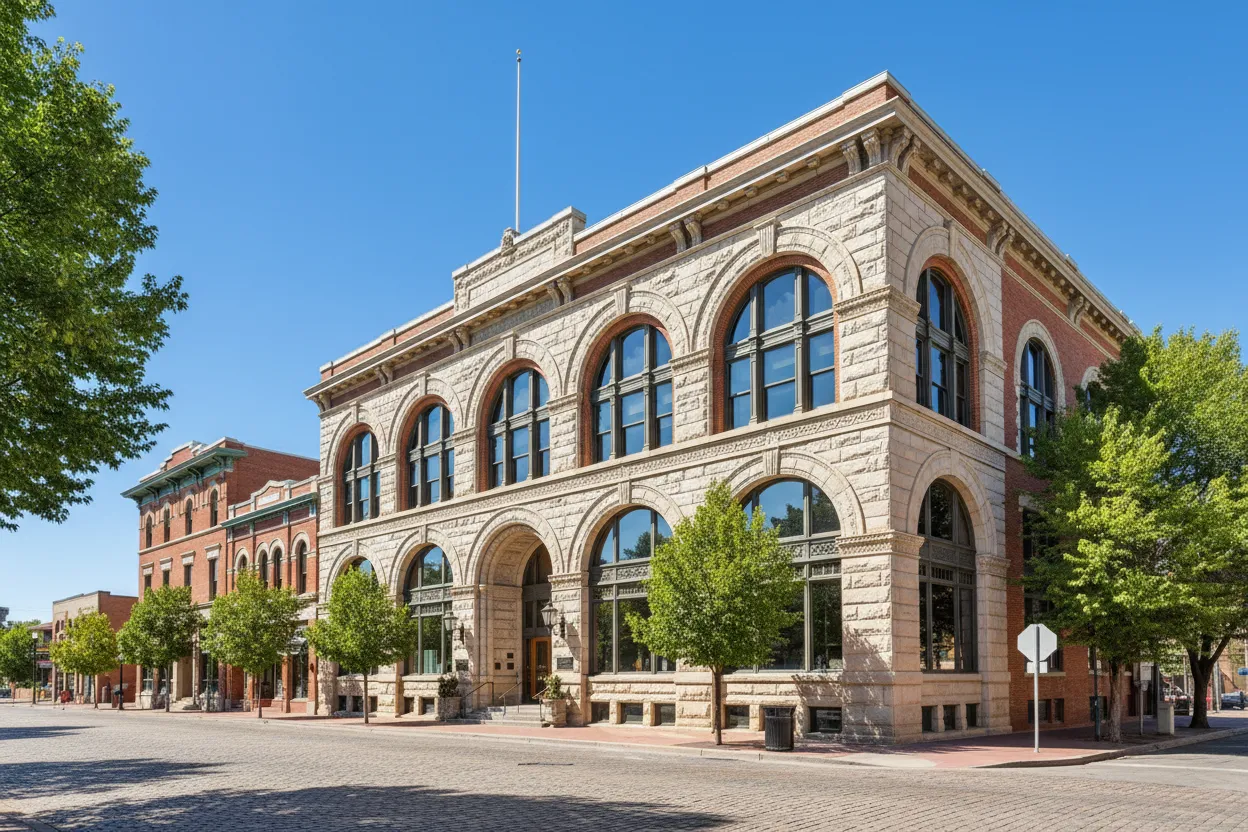 Historic granite exterior of The Mining Exchange with Cloud of Goods delivery in Colorado Springs.