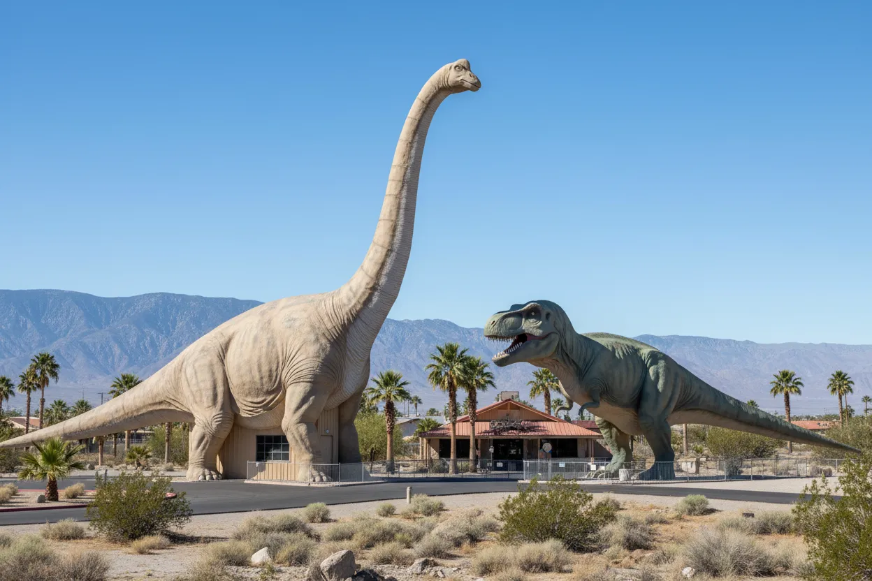 Visiting the famous Cabazon Dinosaurs near Palm Springs with Cloud of Goods rentals.