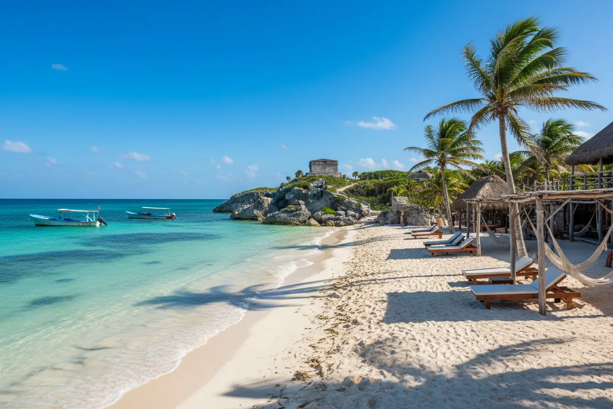 Beautiful shores of Playa Paraiso showcasing Cloud of Goods rentals in Tulum.