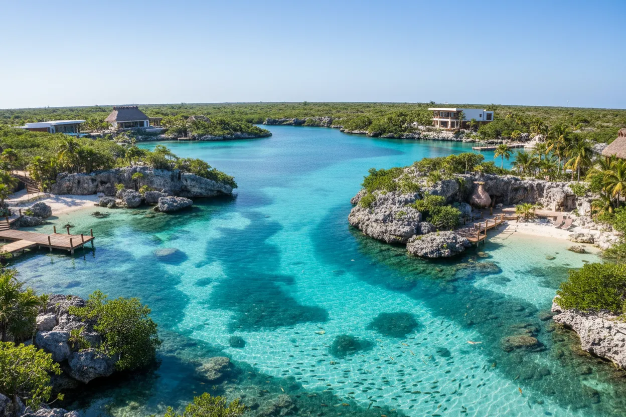 Serene Yal-ku Lagoon showcasing Cloud of Goods rentals in Tulum.