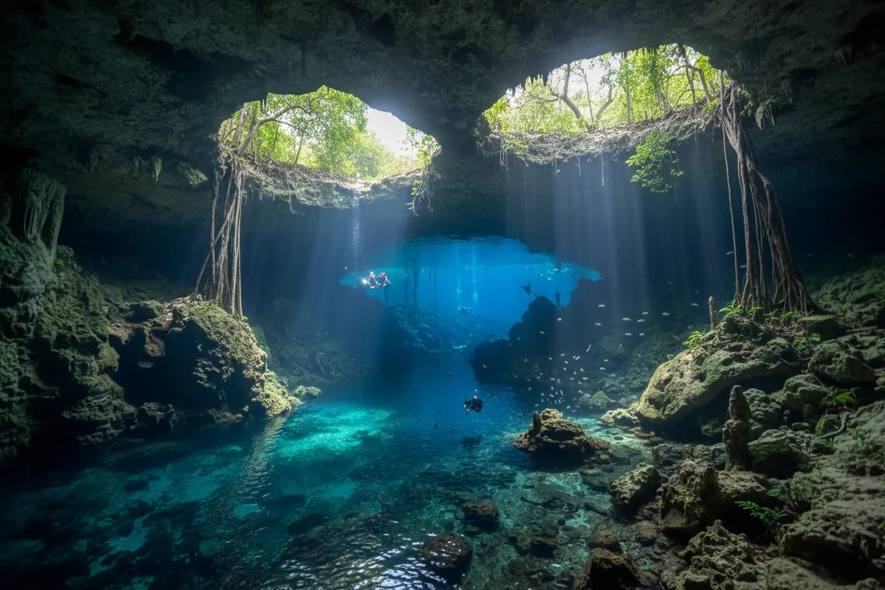 Fascinating Cenote Dos Ojos caves with Cloud of Goods rentals in Tulum.