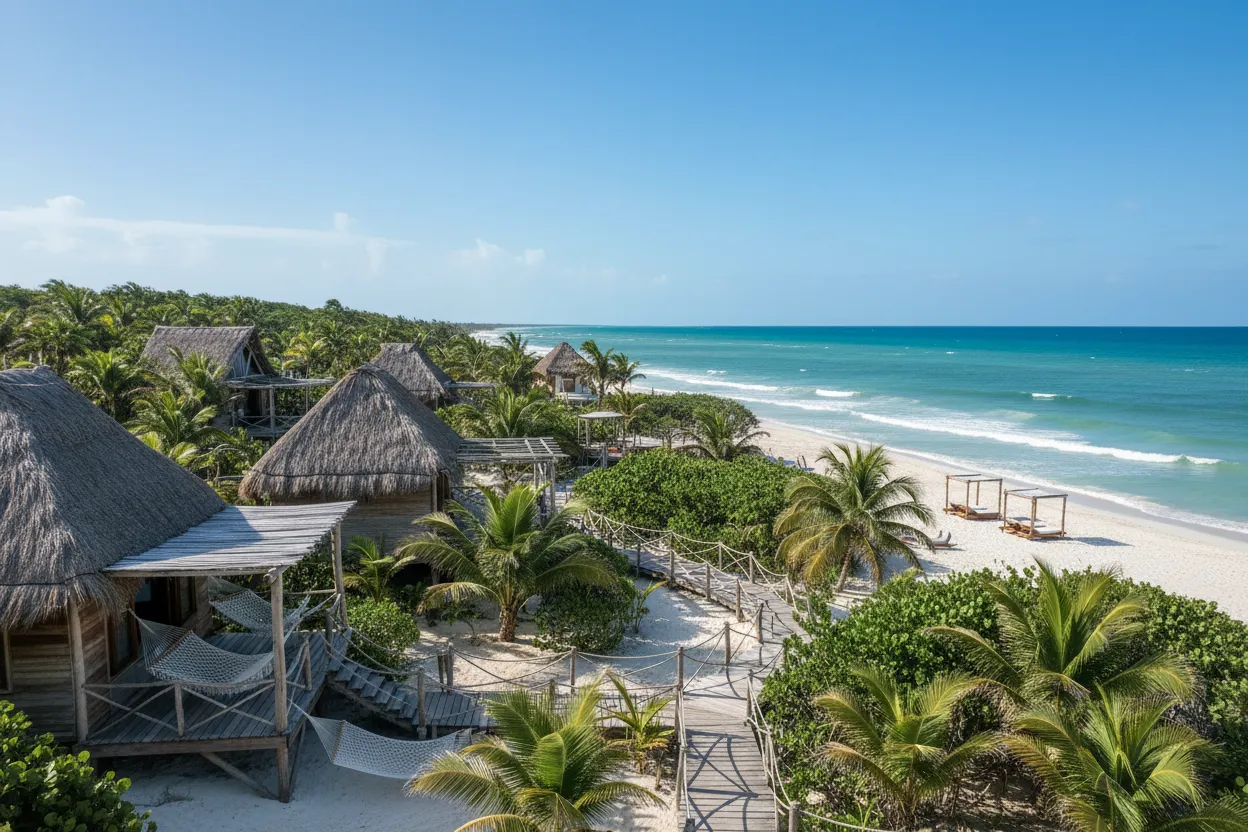 Rustic cabanas at Papaya Playa Project with Cloud of Goods rentals in Tulum.
