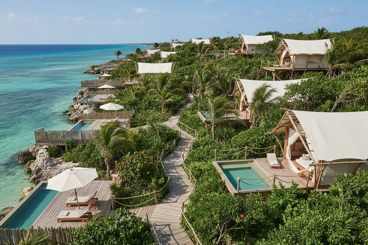 Sustainable glamping at Habitas Tulum featuring Cloud of Goods rentals in Tulum.
