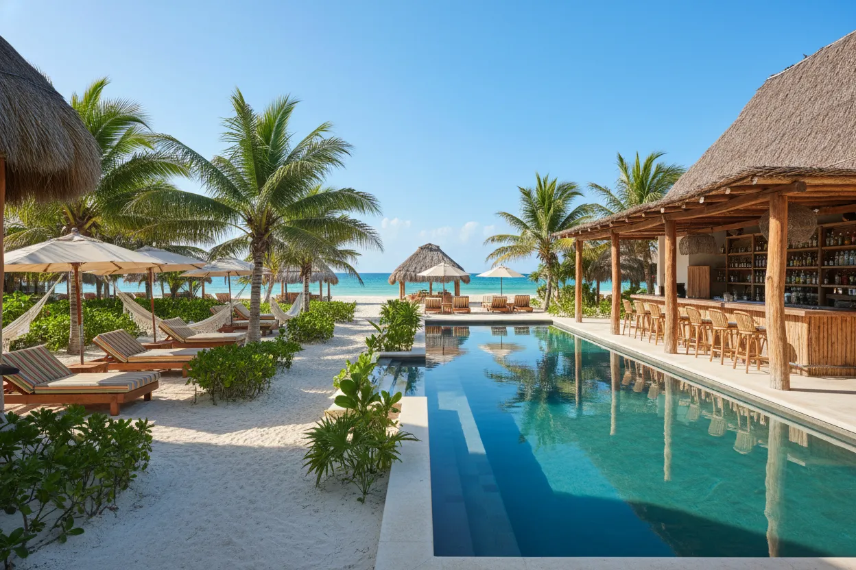 Vibrant beachfront at La Zebra showcasing Cloud of Goods rentals in Tulum.