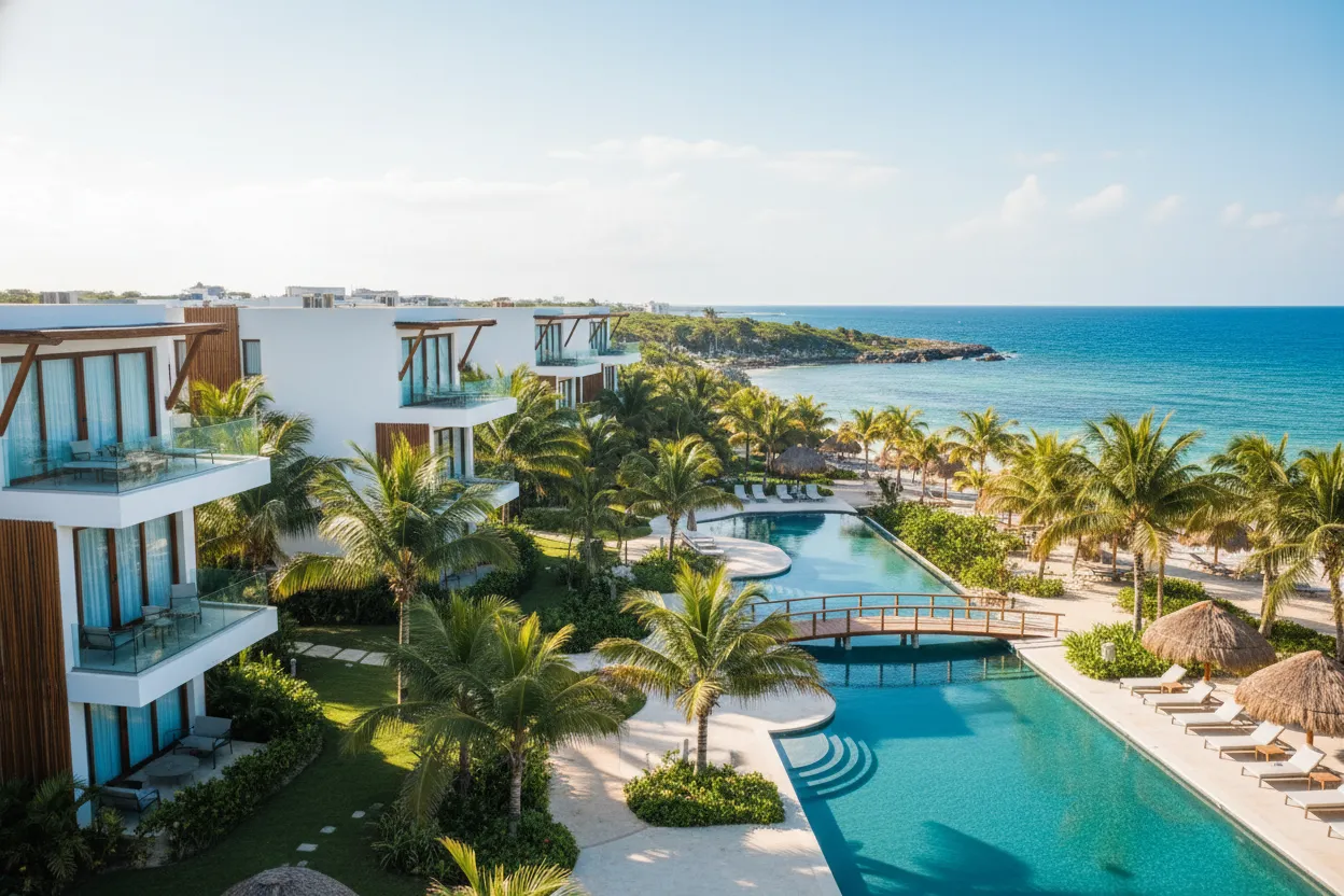 Manicured gardens at Kore Tulum Retreat highlighting Cloud of Goods rentals in Tulum.
