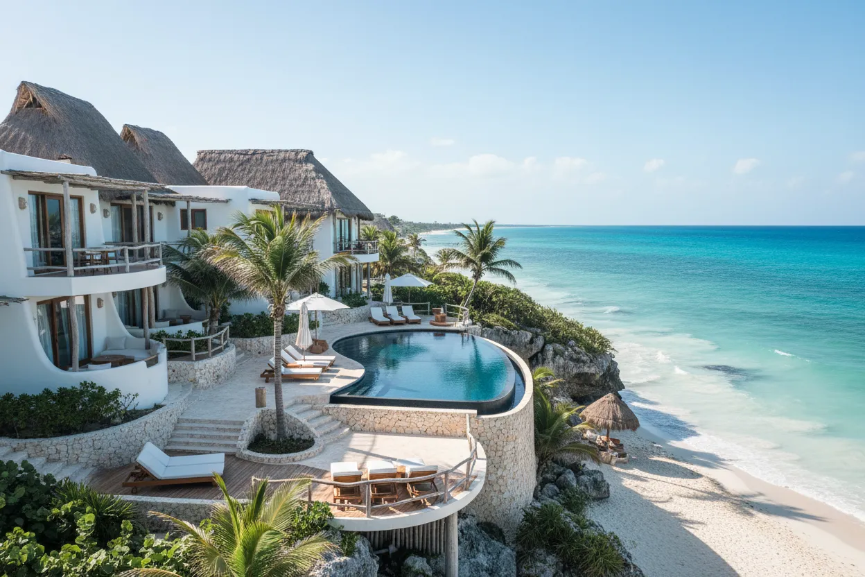 Romantic cliffside at Mi Amor Hotel with Cloud of Goods rentals in Tulum.