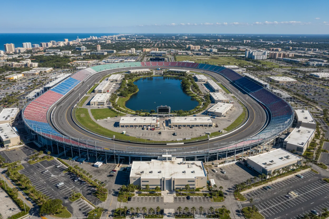 Massive race track grandstands easily navigated with Cloud of Goods rentals in Daytona Beach.