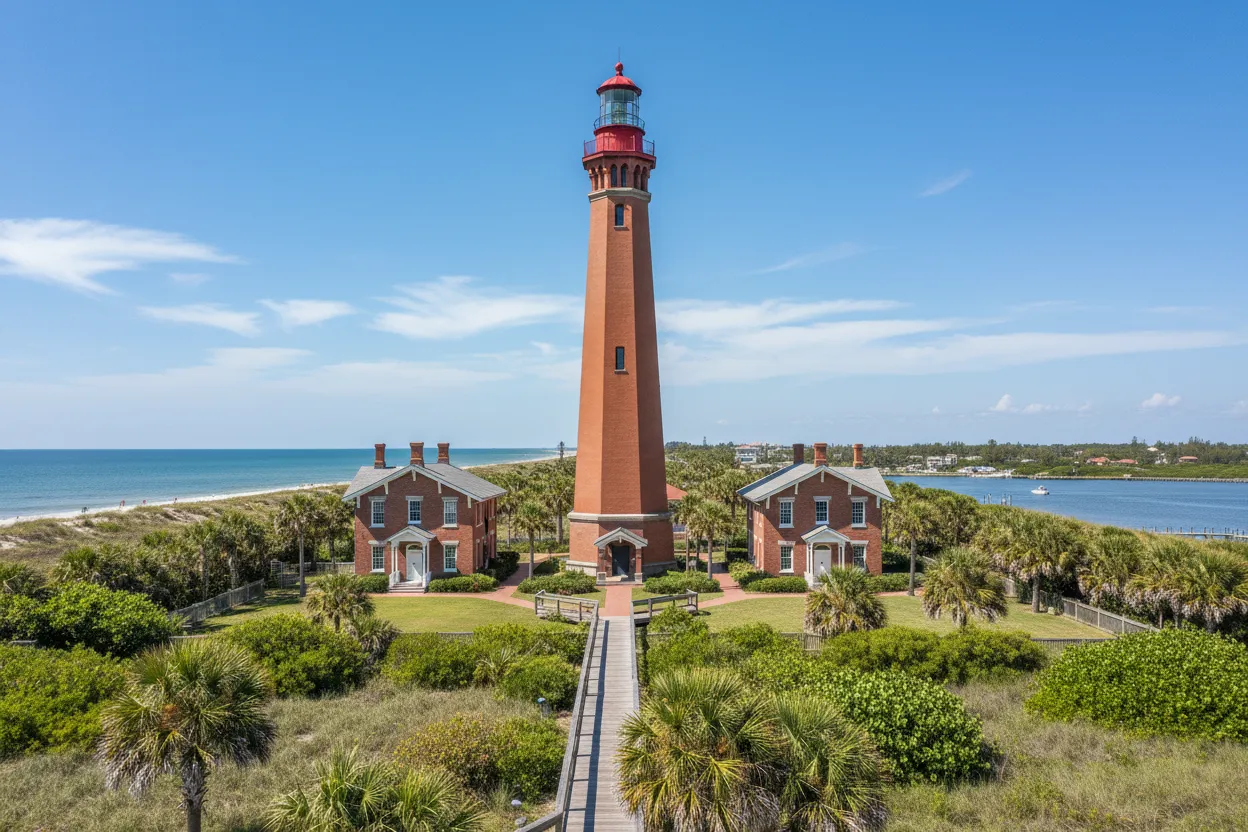 Historic tall lighthouse grounds toured using Cloud of Goods rentals in Daytona Beach.