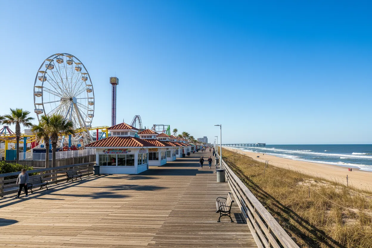 Bustling boardwalk and amusement area enhanced by Cloud of Goods rentals in Daytona Beach.