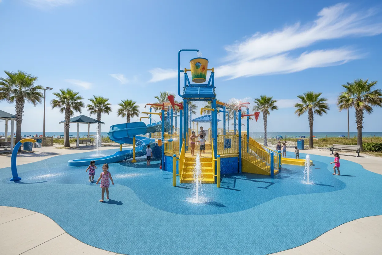 Sunny beachfront park with fountains supported by Cloud of Goods in Daytona Beach.