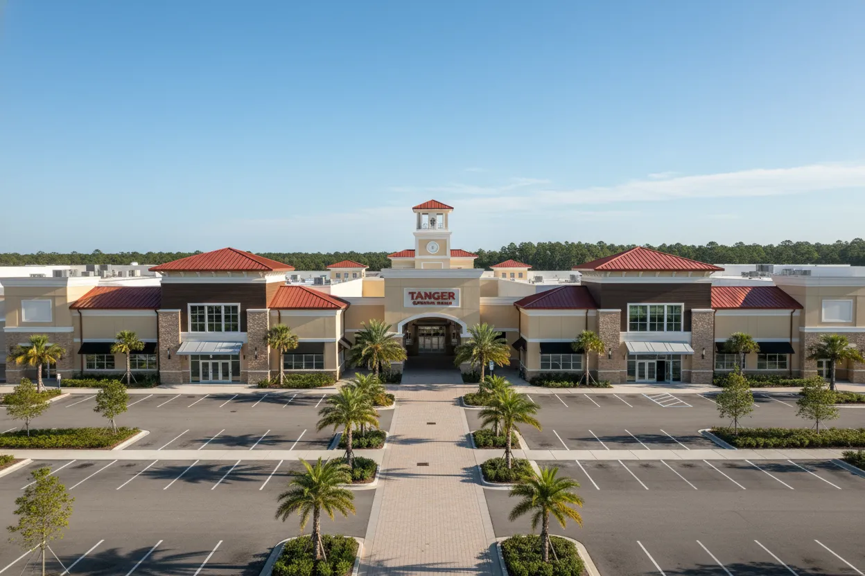 Expansive outdoor shopping mall paths traveled with Cloud of Goods in Daytona Beach.