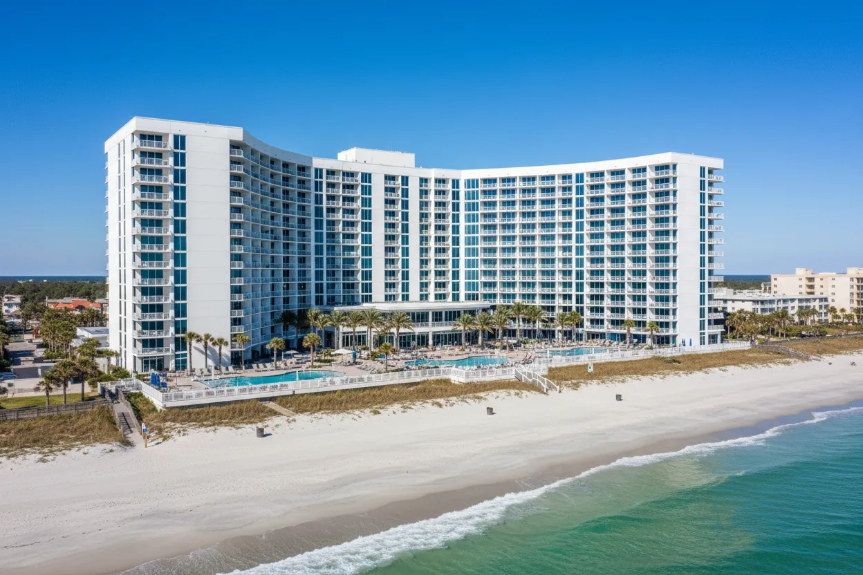 Modern high-rise hotel lobby with convenient Cloud of Goods rentals in Daytona Beach.