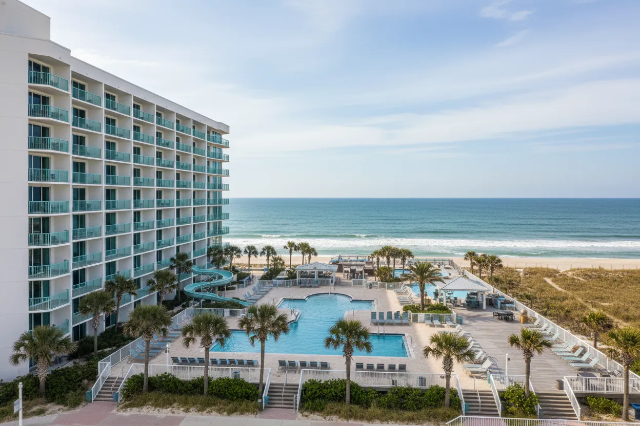 Tropical oceanfront pool deck with access to Cloud of Goods rentals in Daytona Beach.