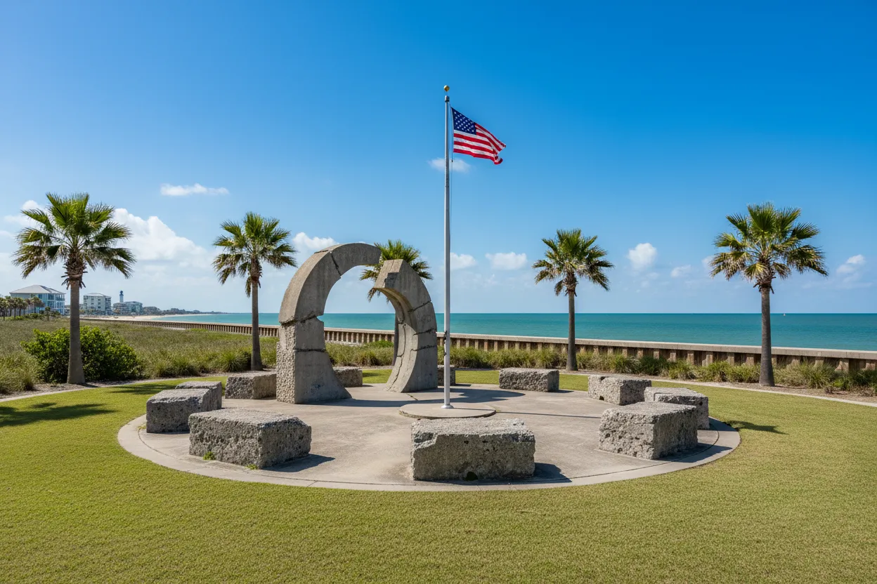 Reflective memorial site indicating Cloud of Goods reach in Biloxi.