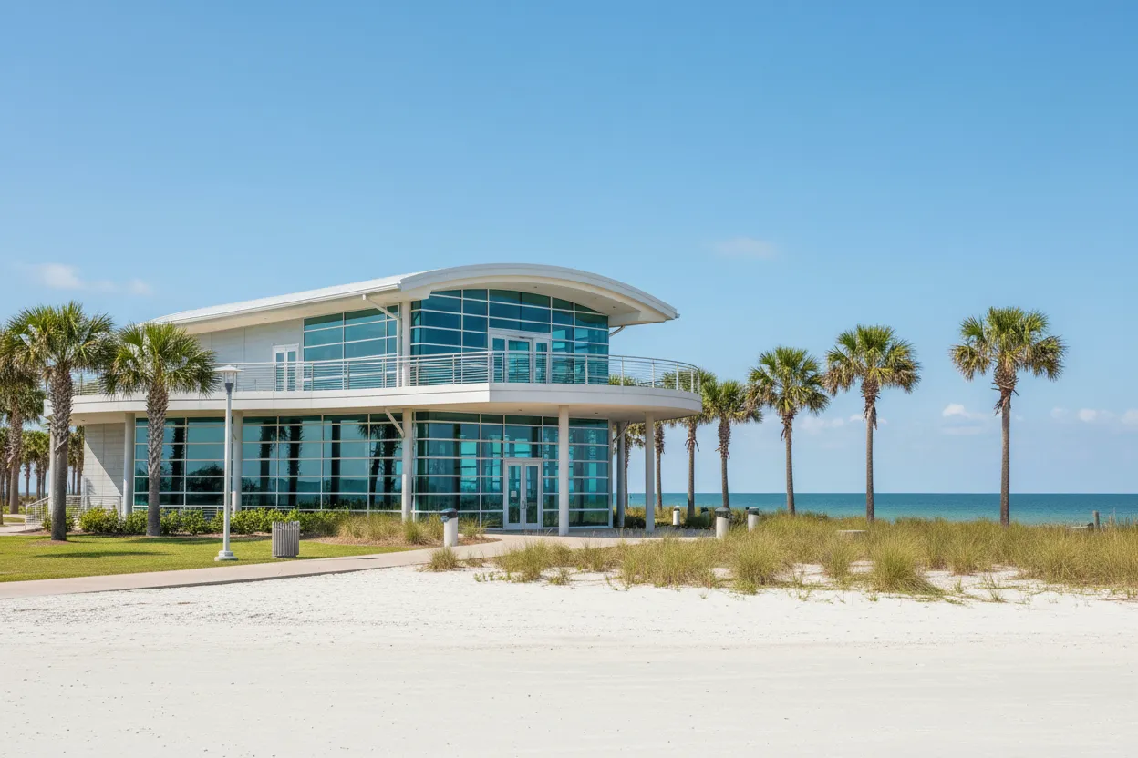 Grand visitor center building showing Cloud of Goods service in Biloxi.