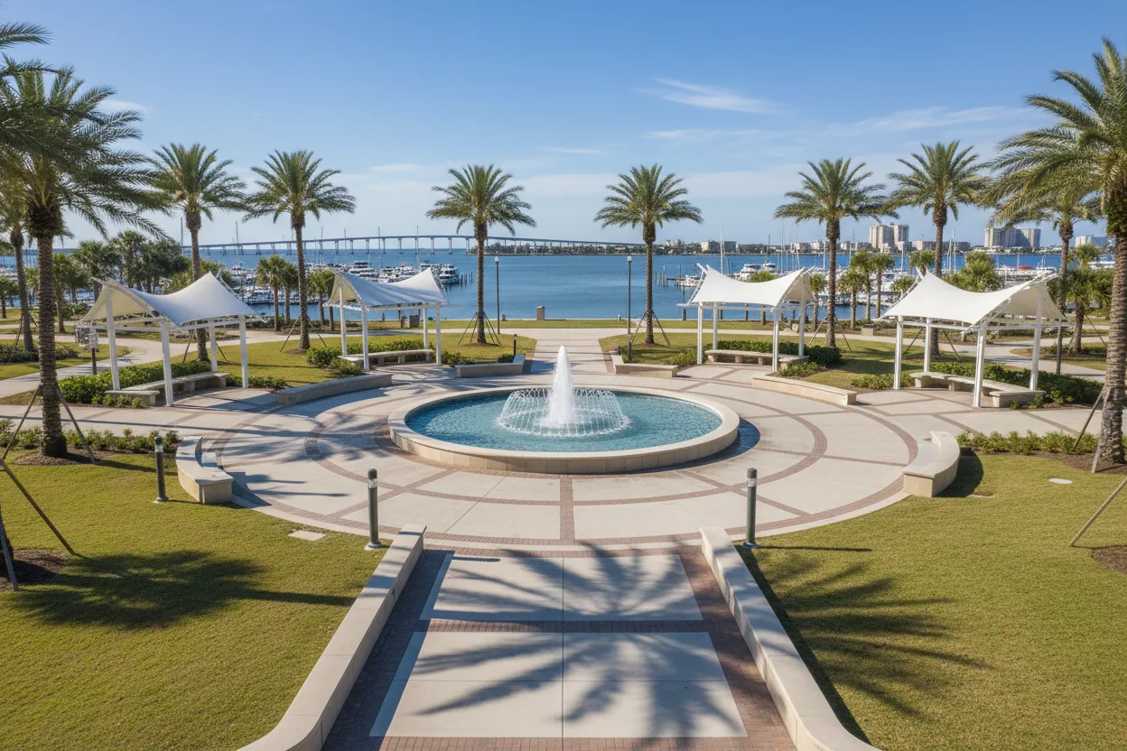 Outdoor plaza area indicating Cloud of Goods reach in Biloxi.
